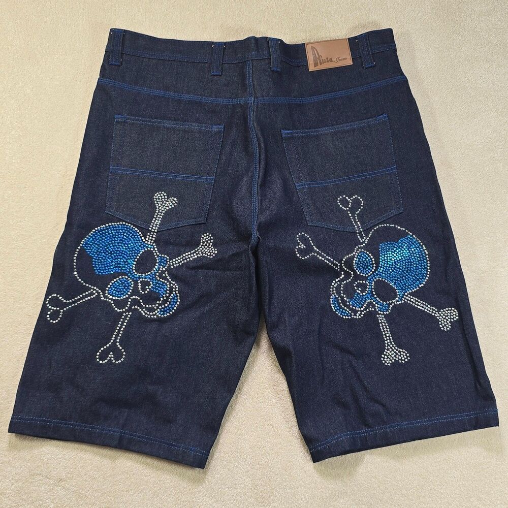 Vintage Risk Jeans Co Shorts 42 Men's Blue Baggy Hip Hop Skater Loose Skulls Y2K